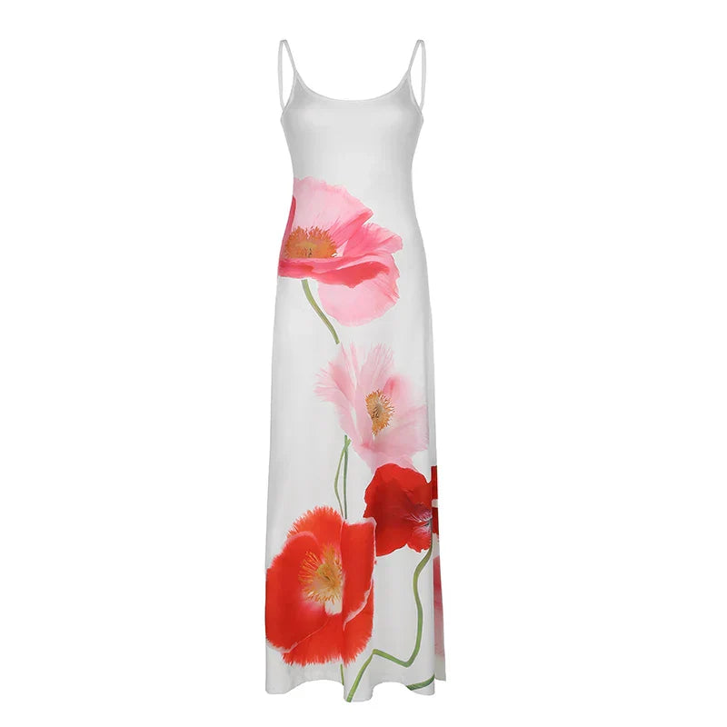 Flowers Printing Strap Backless Beach Dress