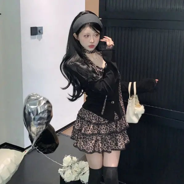 Autumn Winter American Streetwear Vintage Shirts Y2k Harajuku Japan Slim Waist A Line Patchwork Lace Tiered Skirts Girl Sets