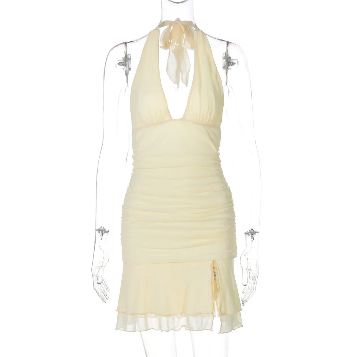Halter Backless Sexy Mini Dress Women Summer New Solid Lace V Neck Sleeveless High Waist Ruched Split Club Dress