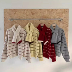 Women's Striped Sweater with Scarf Chunky Knit Loose-fit V-Neck Pullover Striped Jumper Ladies Autumn Winter Classic Chic Outfit