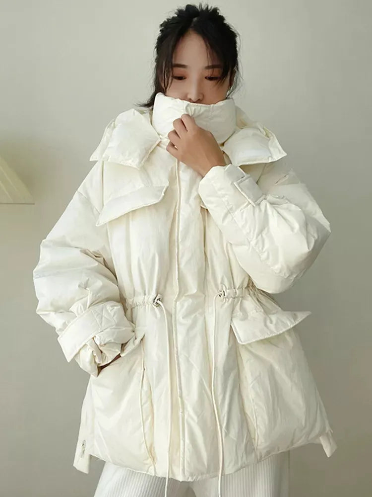Winter Hooded Parkas Warm Jacket Women Down Cotton Coat Irregular Fluffy Bubble Drawcord Waist Outwear