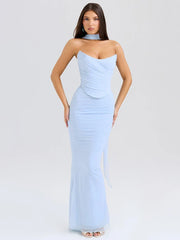 Sexy Two Piece Sets Women Neckerchief Strapless Crop Tops And Maxi Skirt Sets Sexy Club Party Skirt Two Piece Sets