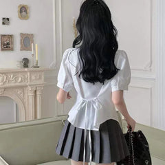 White Sweet Shirt Women Korean Fashion Preppy Style Jk Bandage Short Sleeve Shirt Ladies Summer Y2K Slim Elegant Bow Tops New