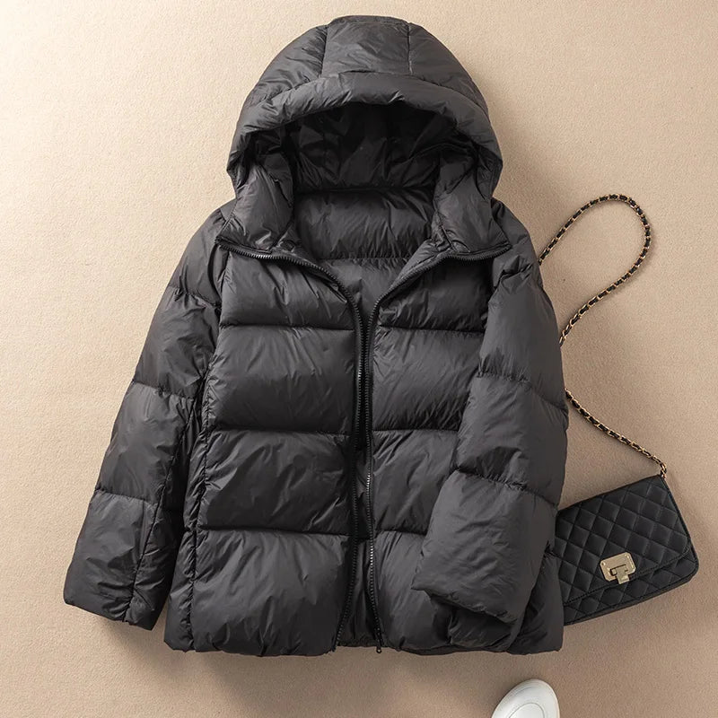Winter New Light Hooded Warm Down Jacket Women 90% White Duck Down Soft Fit Coat Casual Bread Solid Color Short Outwear