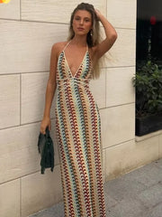 Women Colorful Printing Crochet Knit Long Dress Sexy Deep V-neck Backless Sleeveless Bodycon Robe 2025 Lady Vocation Dresses