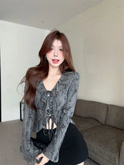 Fashion All Match Sweet V Neck Ruffle Long Flare Sleeve Clothing Harajuku Punk High Street Cardigan American Vintage Y2k Tees