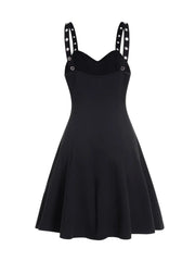 Women Summer Gothic Dress Plain Color Dress Grommet Buckle Chain Embellishment High Waisted Sleeveless A Line Midi Dress