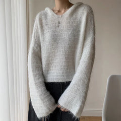 Grey Mohair Knit Hooded Sweater for Women Loose Bell-Sleeve Pullover Hoodie Female Autumn Winter Casual Chic Outfit