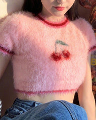 Summer Round Neck Short Sleeve Pink Lovely Sweet Girl T-Shirts Casual Slim Crop Top Fashion Female Streetwear Tees