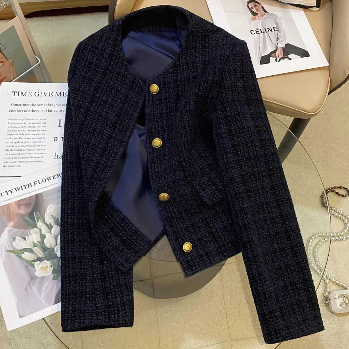 Ladies Short Jacket 2025 Spring Autumn Navy Blue Small Fragrance Lady Outerwear Korean Version Temperament Women's Short Tops