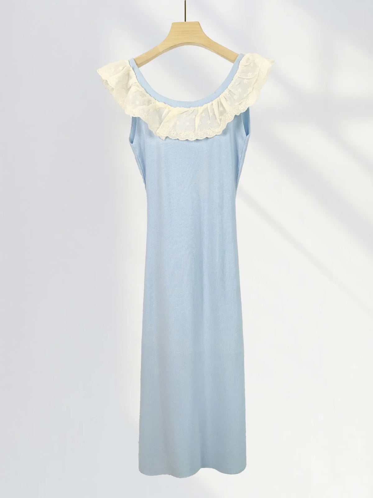 Peter Pan Collar Ruffle Knit Long Dress 2025 Blue Embroidery Patchwork Sweet Chic Tank's Dress Sleeveless Slim Summer Dresses