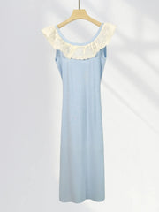 Peter Pan Collar Ruffle Knit Long Dress 2025 Blue Embroidery Patchwork Sweet Chic Tank's Dress Sleeveless Slim Summer Dresses