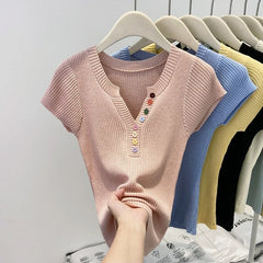 Summer V-Neck Short Sleeve Thin Tshirts Women Pastel Colored Button Knitted T-Shirts Teen-girl Stretch Fitted Tees Y2K Clothing