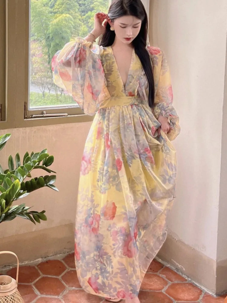 Autumn Elegant Women Floral Midi Dress Long Sleeve Vintage Party Birthday Vestidos Female A-Line Mujers Fall Clothes New