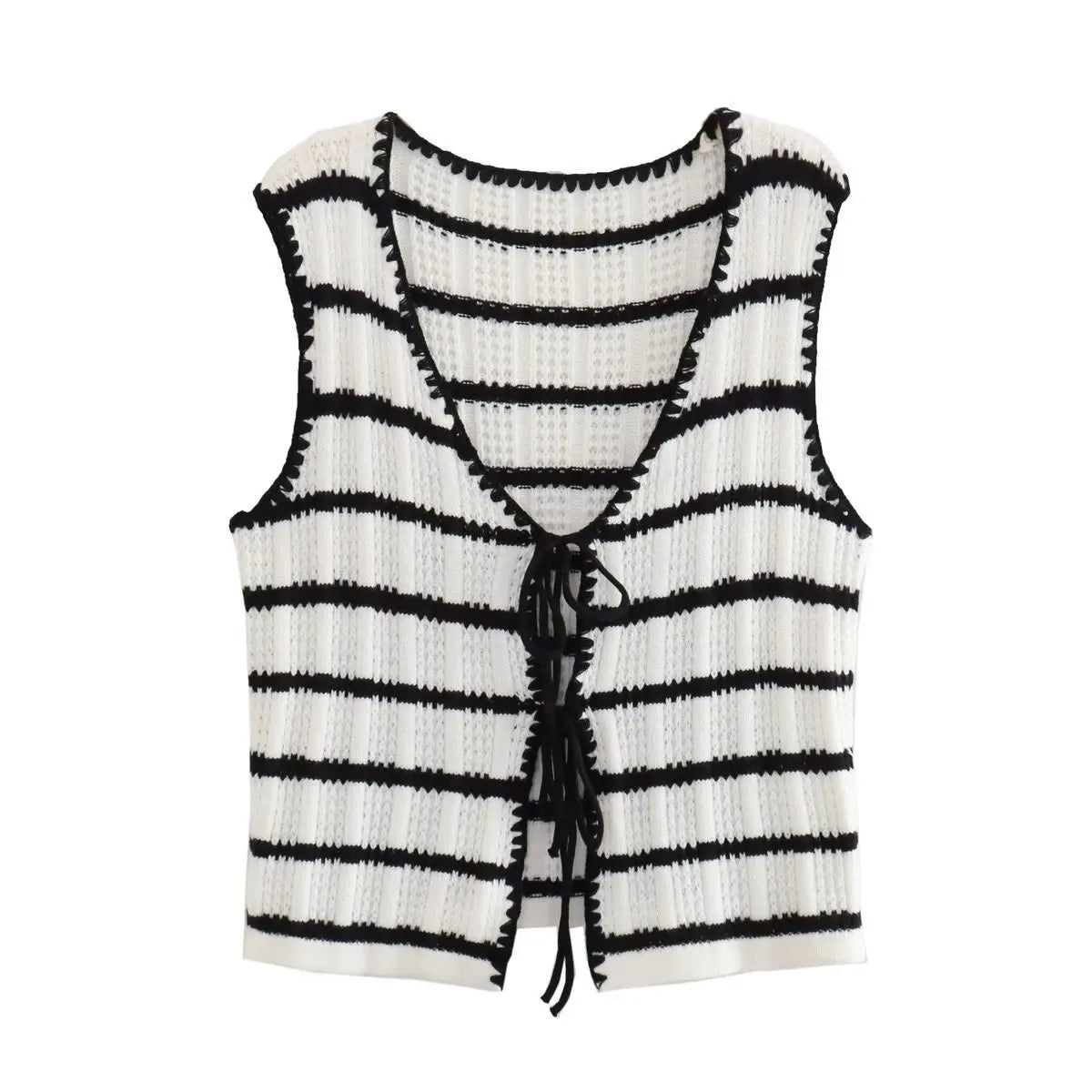 Summer Women's V-Neck Crochet Striped Top + High Waist Knitted Pants Set