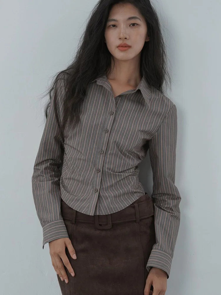 American Retro Slim Striped Shirt Fall Long Sleeve Harajuku Y2K Blouse Casual Vintage Female Streetwear Gothic Hip Hop New Tops
