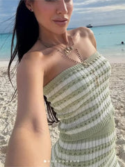 2025 New Tube Top And Long Skirts Knitting Vacation Summer Outfits Stripe Strapless Tank And Tight Skirt Sexy Beach 2 Piece Set