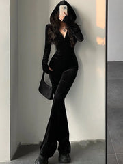 Autumn Sexy Bodycon Black Velvet Jumpsuit Women Fashion Hooded Zipper Flare Pants Rompers Vintage Y2k Streetwear Winter Outfits