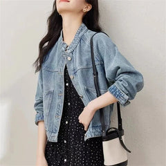 New 2025 Spring Autumn Temperament Retro Women's Short Cowboy Jacket Stand-up Collar Long-sleeved Ladies Denim Overcoat