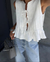Fashion Bow Lace Up Shirts Women Cotton Linen Hollow Out Sleeveless Pleated Blouses Woman Summer New Casual Lady White Tops