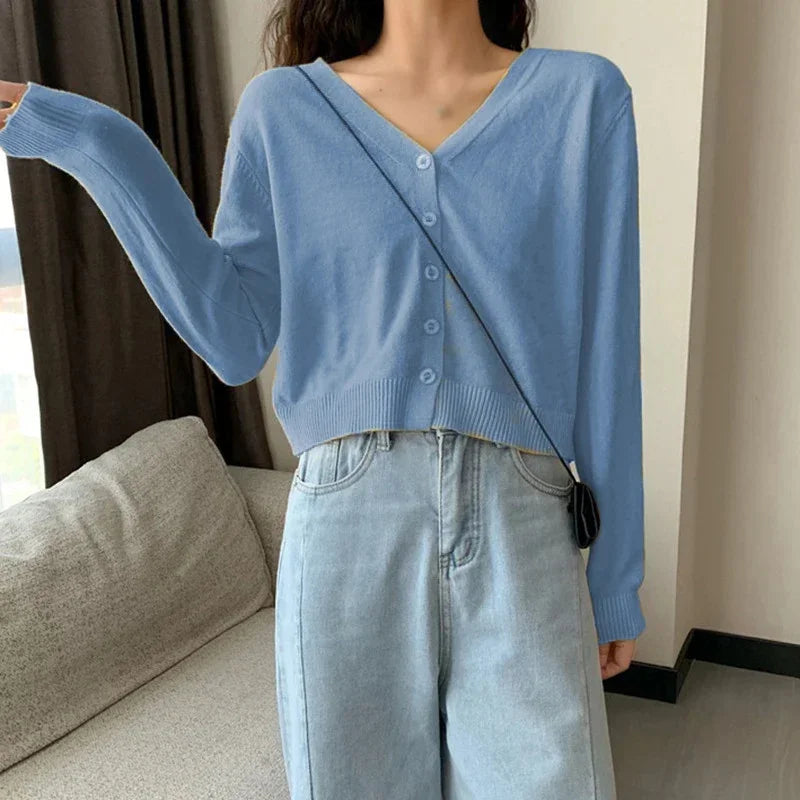 Women's Long Sleeve Cropped Cardigan V Neck Button Down Sweater Jacket Single Breasted Plain Fitted Knit Cardigan Basic Outfit