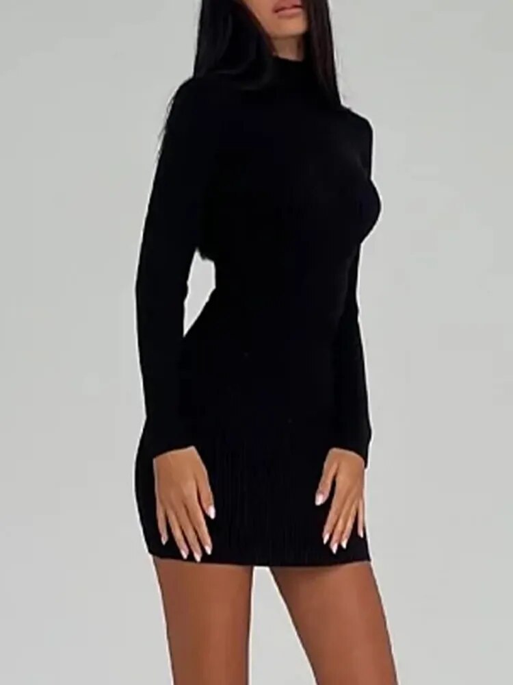 Knitted White Dress Women Elegant Fashion Turtleneck Bodycon Midi Dresses Female Autumn Winter Long Sleeve Slim Streetwear Dress