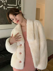 Winter Sweet Faux Lamb Coat Women Elegant Long Sleeve Slim Retro Jacket Warm Soft Female Korean Single Breasted Vintage Top