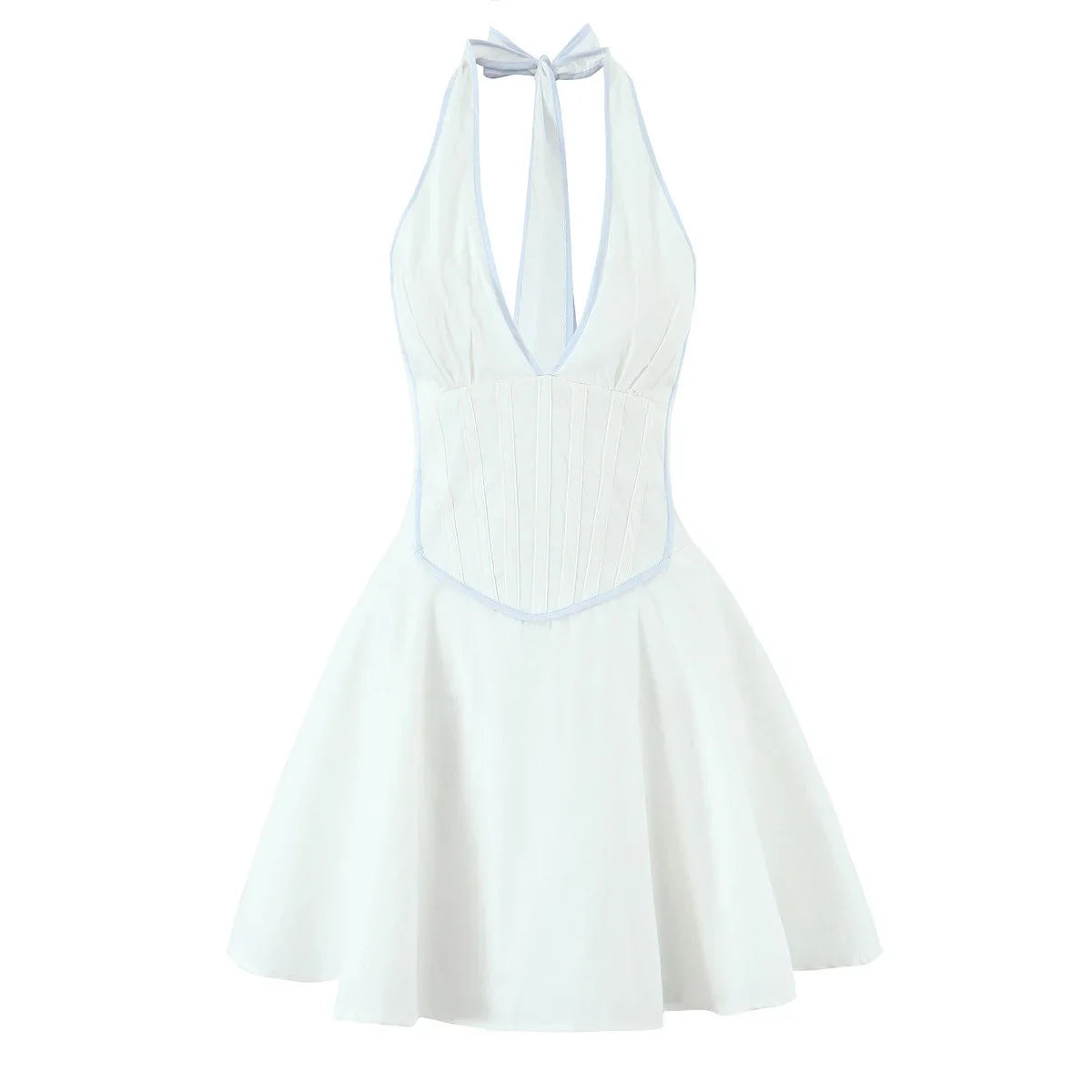 Halter Neck Patchwork White Women Dress V-neck A-line Pleat Party Summer Dress New Y2K Sweet Backless Beach Female Clothes