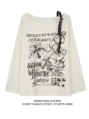 Vintage Y2K Oversize Off shoulder T shirt With Print Women Hole Hip hop Long sleeve Baggy Basic T shirt Pulovers Ladies Tops
