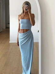 Strapless Cut Out Long Dress For Women Ruched Sleeveless Ribbon Dress Fashion Slim Streetwear Party Dress Female Sexy