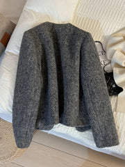 Vintage Faux Woolen Coat Women Warm Winter Thick Long Sleeve Gray Cotton Jacket Female Retro O Neck Pockets Casual Tops New