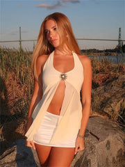 Absobe Halter Tie-Back Sheer Mesh Patchwork With Metal Accents Tank Top Backless Y2K Vest For Women Chic Streetwear Blouse