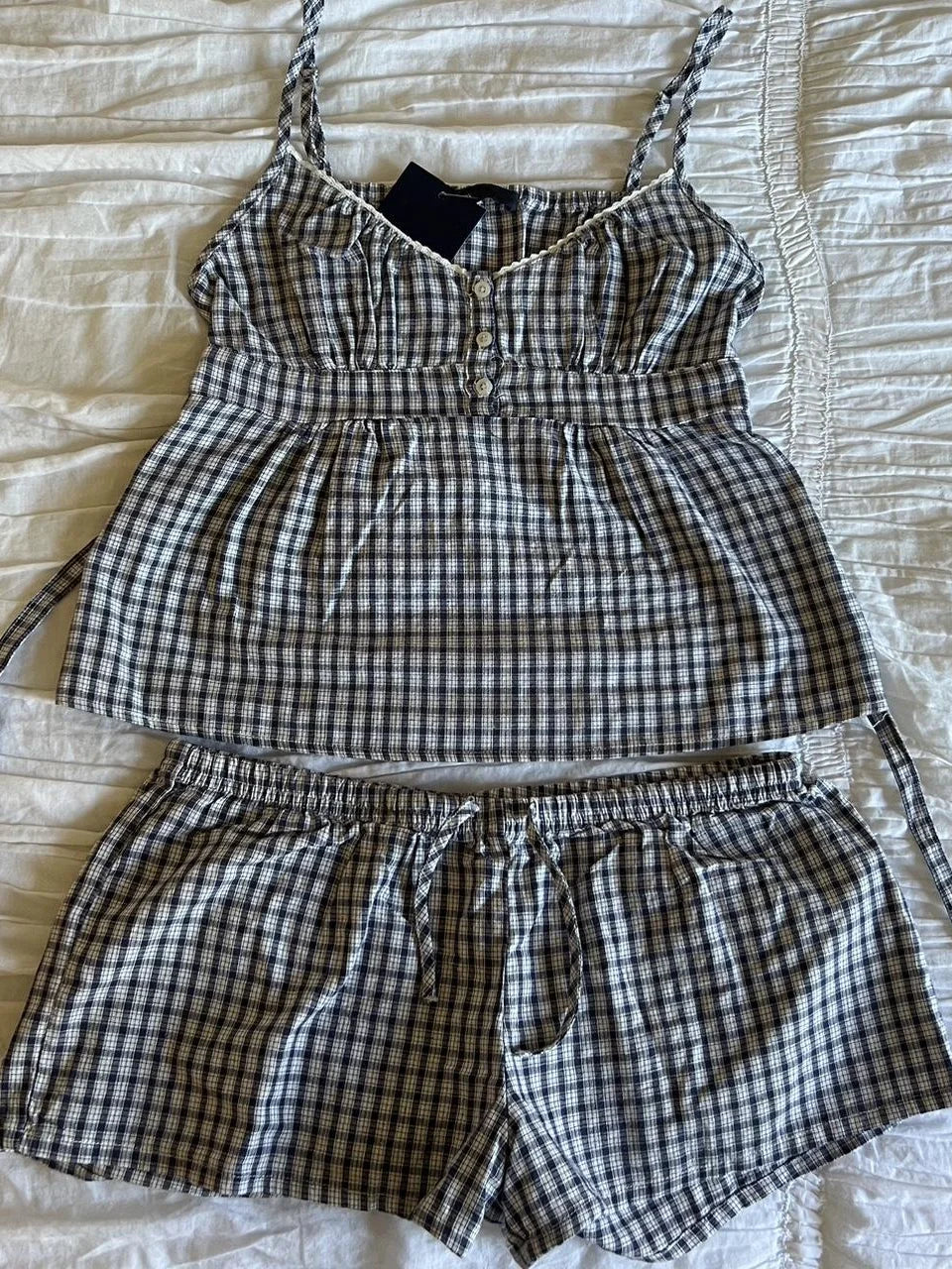 Red Plaid Buttons Tank Shorts Set Woman Back Lace-up Lace Trim Slim Camis+Elastic Waist Sweatshorts Sweet Cotton 2 Piece Sets