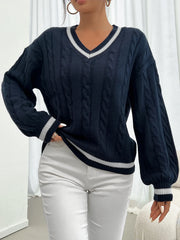 Striped trimmed twisted flower knitted shoulder sweater