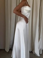 Elegant White Satin Drawstring Tie Backless Long Dress Women High Waist Square Neck Slim Sling Dresses New Sexy Beach Robes