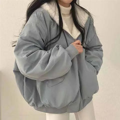 Winter Thicken Warm Parkas Women Fashion Double Sided Hooded Fleece Coat Ladies Korean Loose Long Sleeve Zip Up Jackets