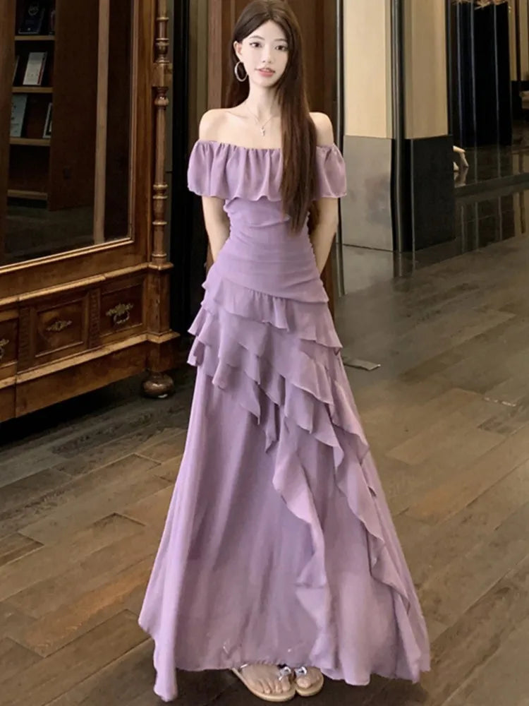 Women Summer Elegant Ruffle Midi Party Dress Solid Chic Vintage Birthday Wedding Vestidos Female Clothes New Robe