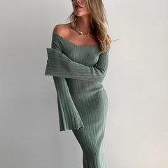 Simple Ribbed Knit Long Skirt Solid Color Slash Neck Chic Spring Autumn Women Dress Core Spun Yarn Fashion Slim Dresses 2025 New