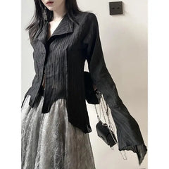 Fashion Japan High Street Vintage Blouses Y2k Aesthetic Harajuku Punk Striped Personality Shirts Slim All Match Autumn Clothing