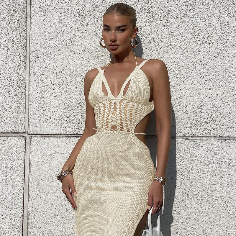 White Knitting Backless Summer Dress Women  Bodycon Maxi Long Sexy Dress Elegant Casual Beach Dresses Vestidos