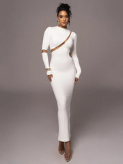 Turtleneck Long Sleeve Bodycon Maxi Dress For Women Autumn New Patchwork Hollow Out Club Party Sexy Long Dress Vestidos
