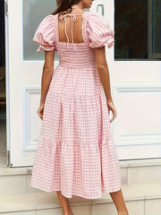 Square Neck Plaid Dress - Women's Lantern Sleeve Pleated Dress