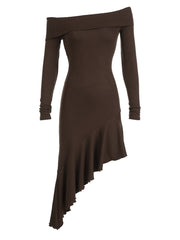 Brown Ruffles Slash Neck Midi Dress