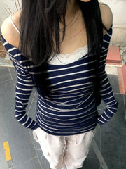 Japanese and Korean Special Targeted Elegant Basic Large Round Neck Slimming Long Sleeve Striped Top