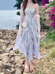 French Style First Love Cherry Blossom Pink Tie-Dye Suspender Dress Vacation Style Fairy Style Gradient Dyeing Women's Summer Floral Irregular Hem Vacation Long Dress