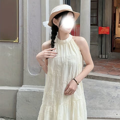 Asian Style Embroidered Polyester Tunic Dress for Women, Elegant Crew Neck Sleeveless Long Summer Dress with Tie-Back Detail and Straight Hem