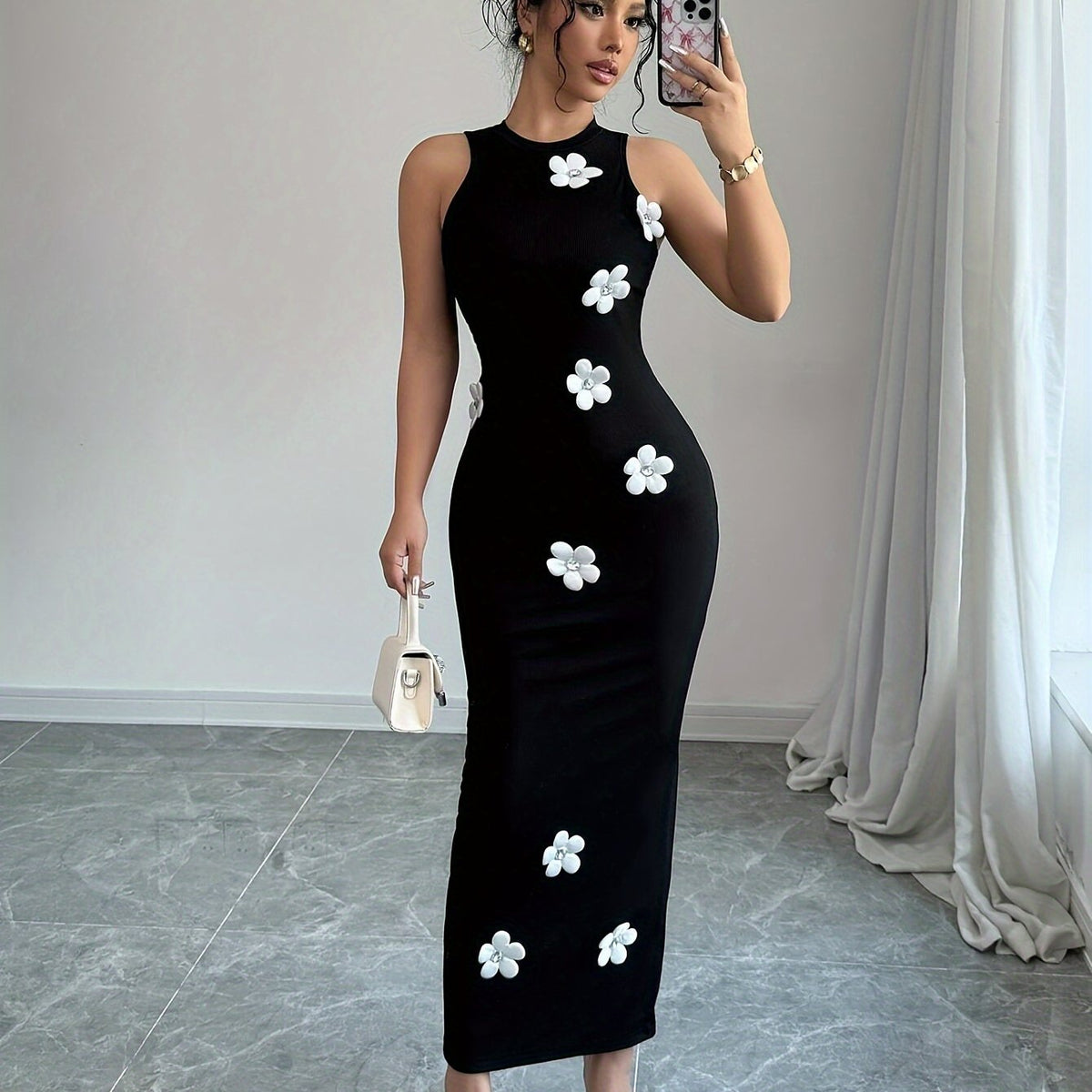 Elegant Women's Sleeveless Maxi Dress with 3D Floral Design - Chic Round Neck, Stretchy Polyester Blend, Machine Washable - Perfect for All Seasons