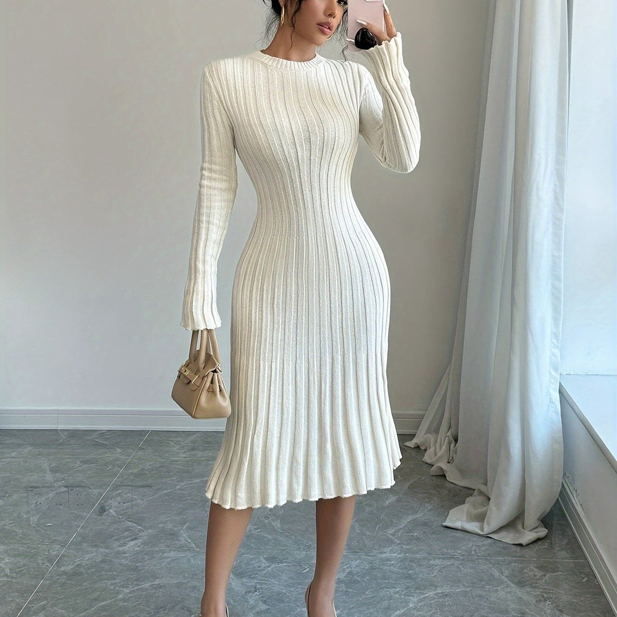 Long Sleeve Ribbed Knit Sweater Elegant Solid Color Ribbed Knit Sweater Dress for Women - Crew Neck, Long Sleeve, Pleated Design, Perfect for Fall & Winter