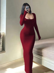 Elegant Long Sleeve Slim Square Neck Maxi Dress - Women's Clothing For Spring & Fall