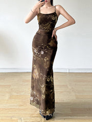 Vintage Mesh Tie Dye Flowers Printed Dress